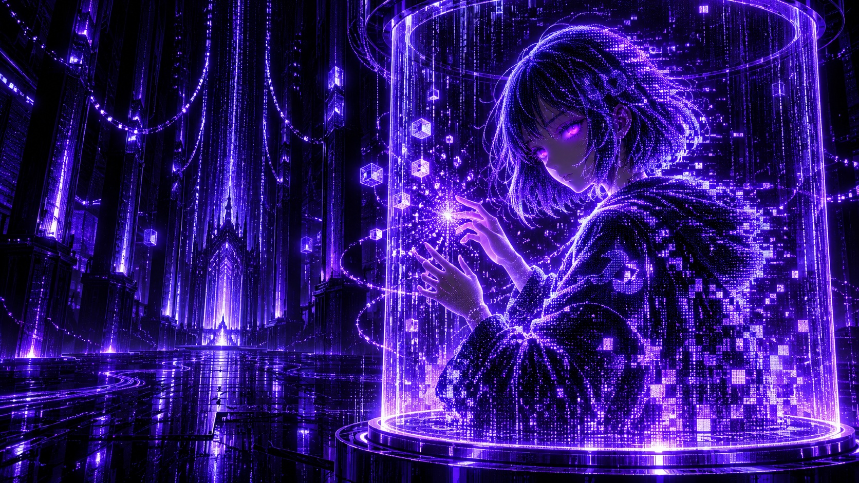Fomo Chan awakening inside a violet data chamber